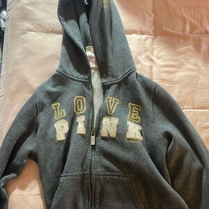 gray with white and gold embroidery and print that says love pink.